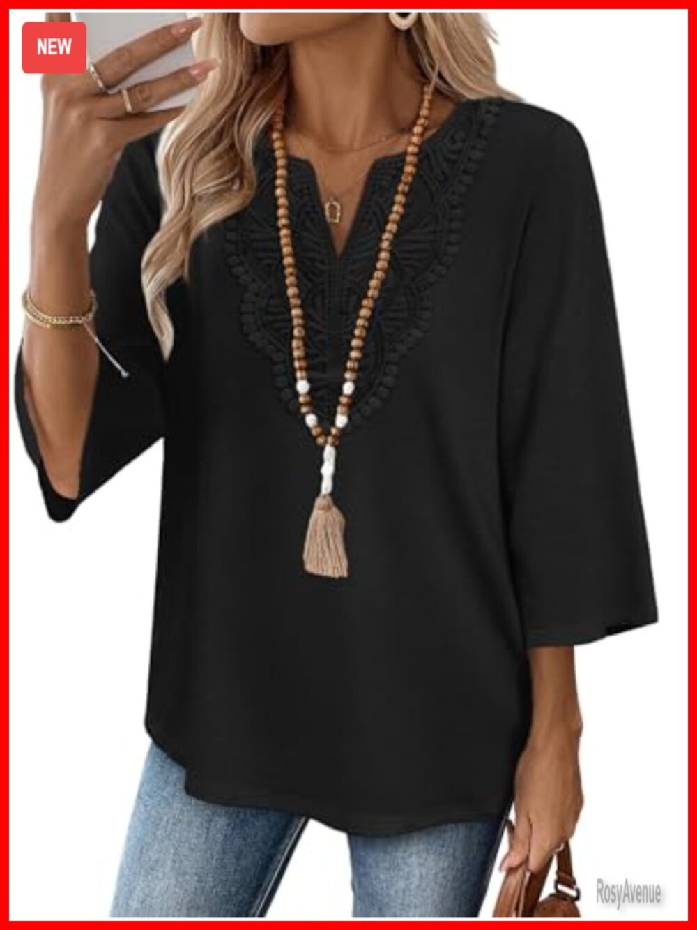 Womens Boho Lace V Neck 3/4 Sleeve Tunic Blouse Dressy Casual Top